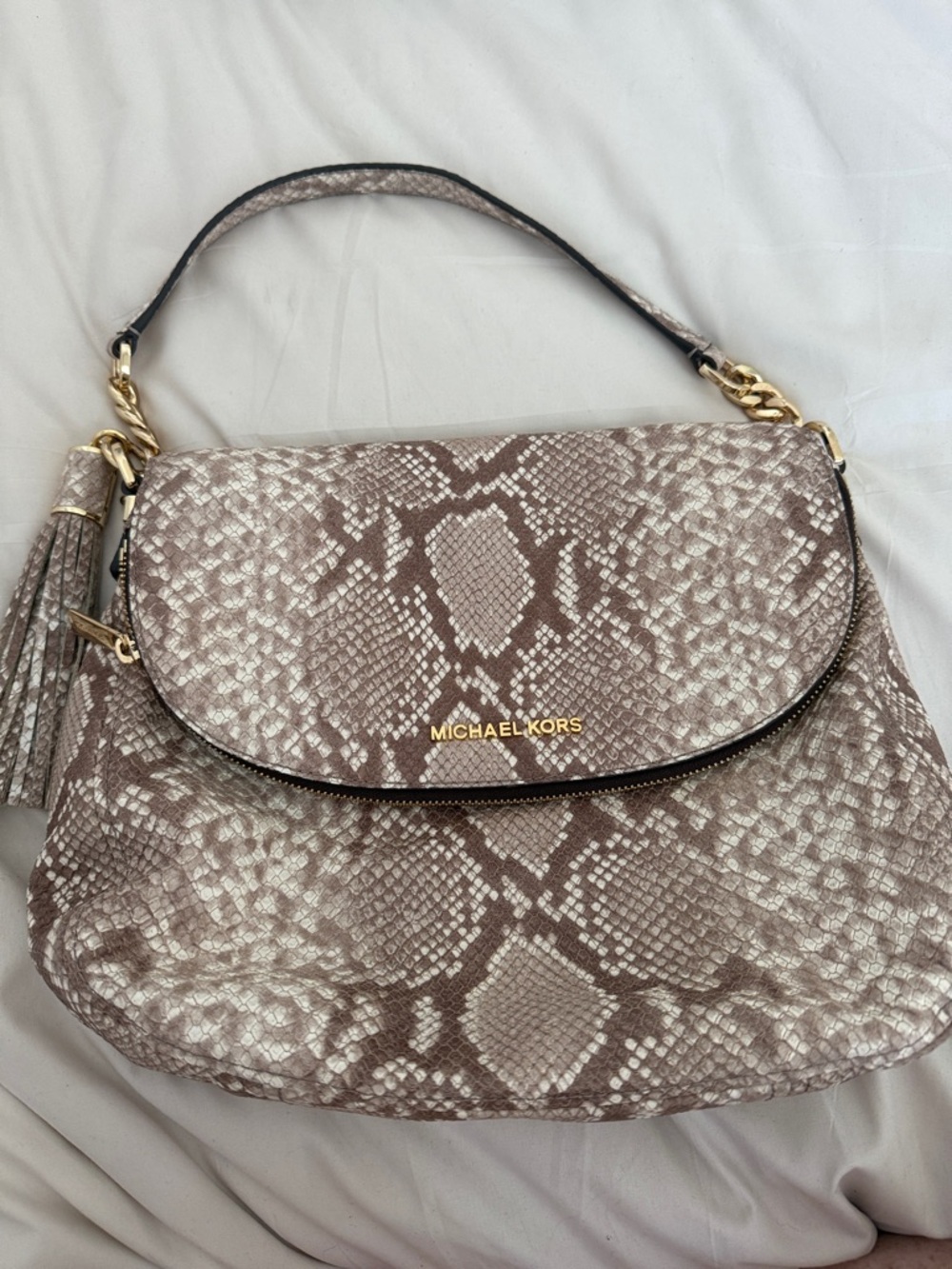 EUC Michael Kors Taupe Snake-Print Shoulder Bag with Tassel